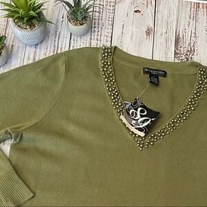 Madison Olive V-Neck Sweater with Pearl Detail